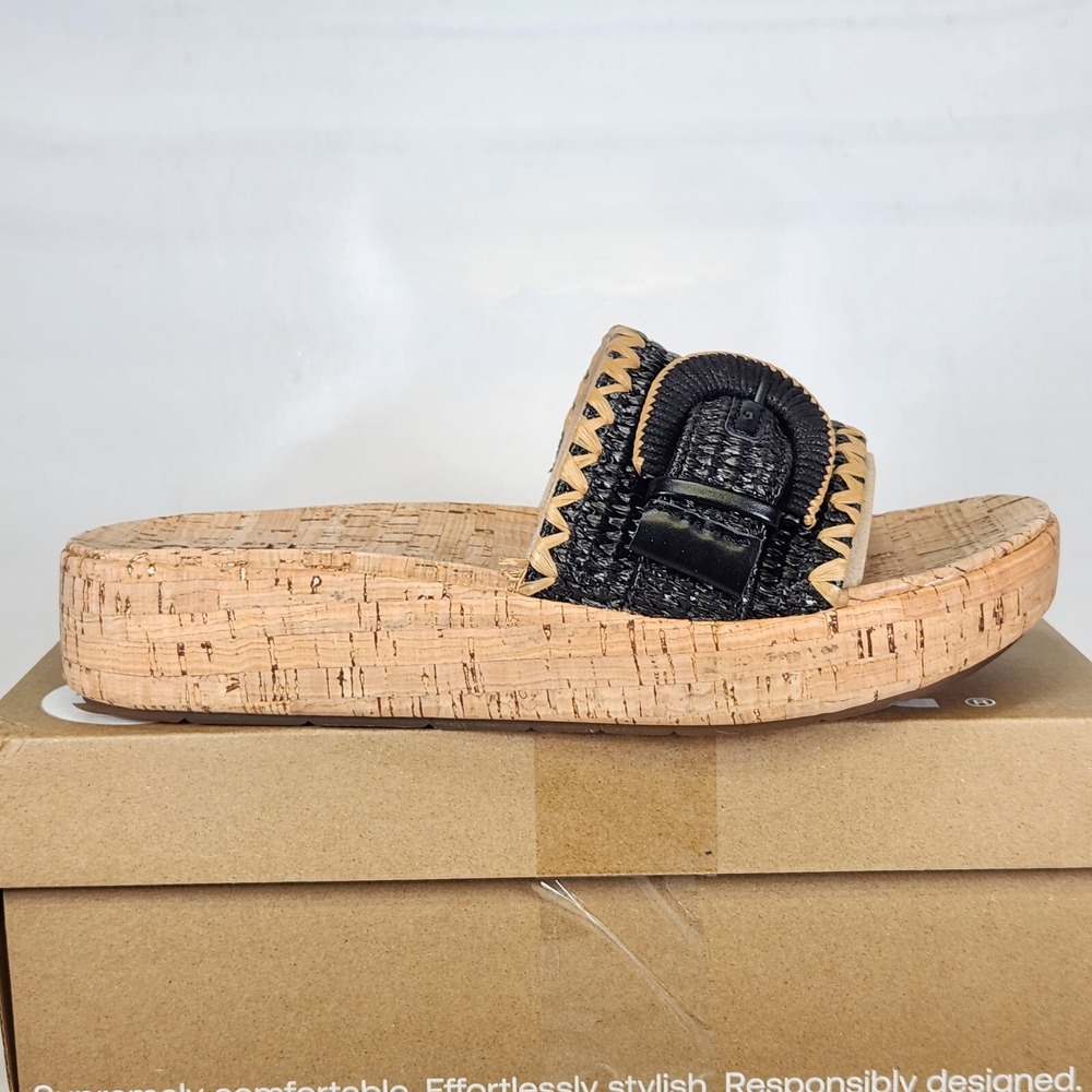 Earth Sandals Women Size 10 Black Woven Raffia Cork Platform Slides ETSAMSY2